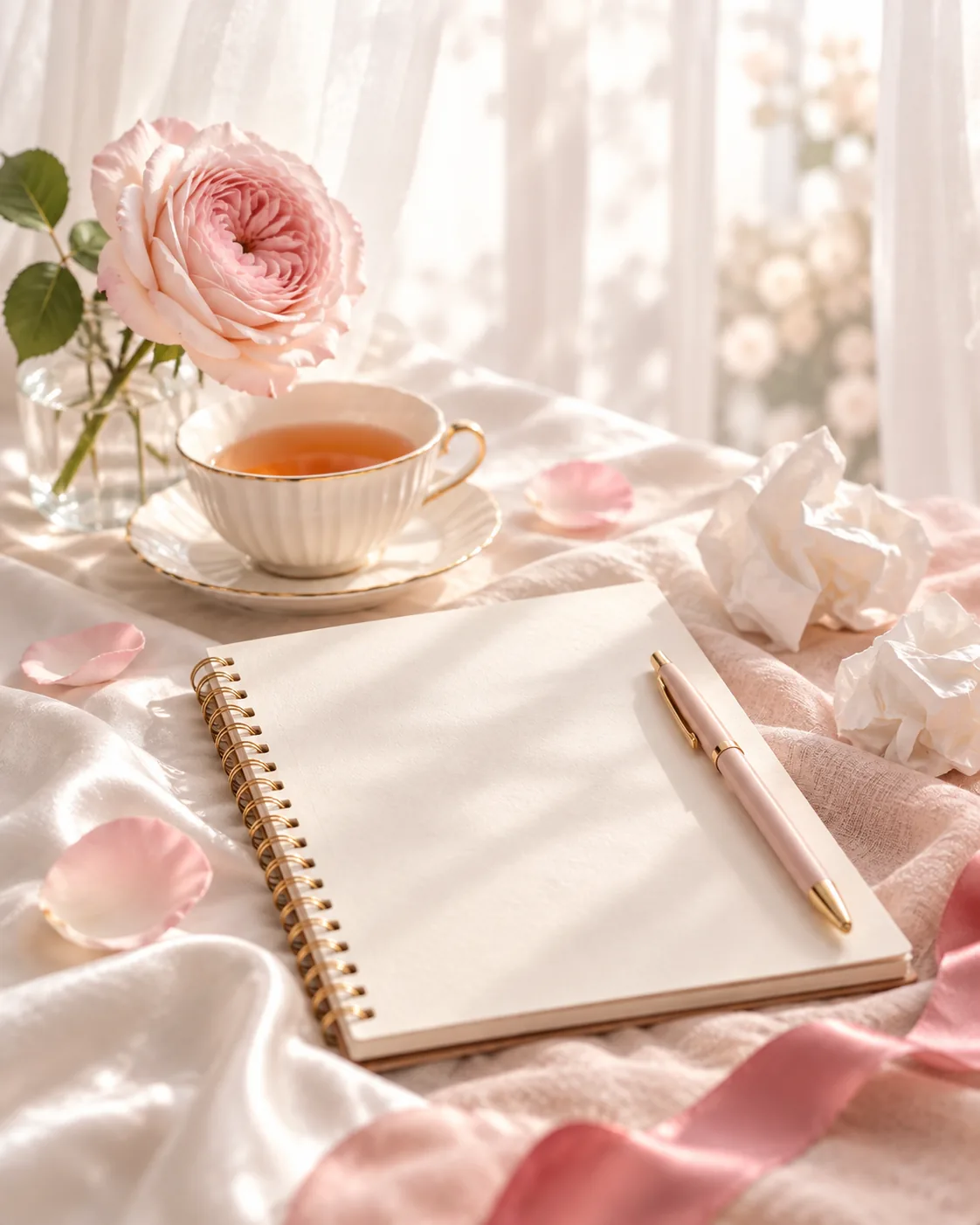Blank notepad, pen, tea and a blush rose