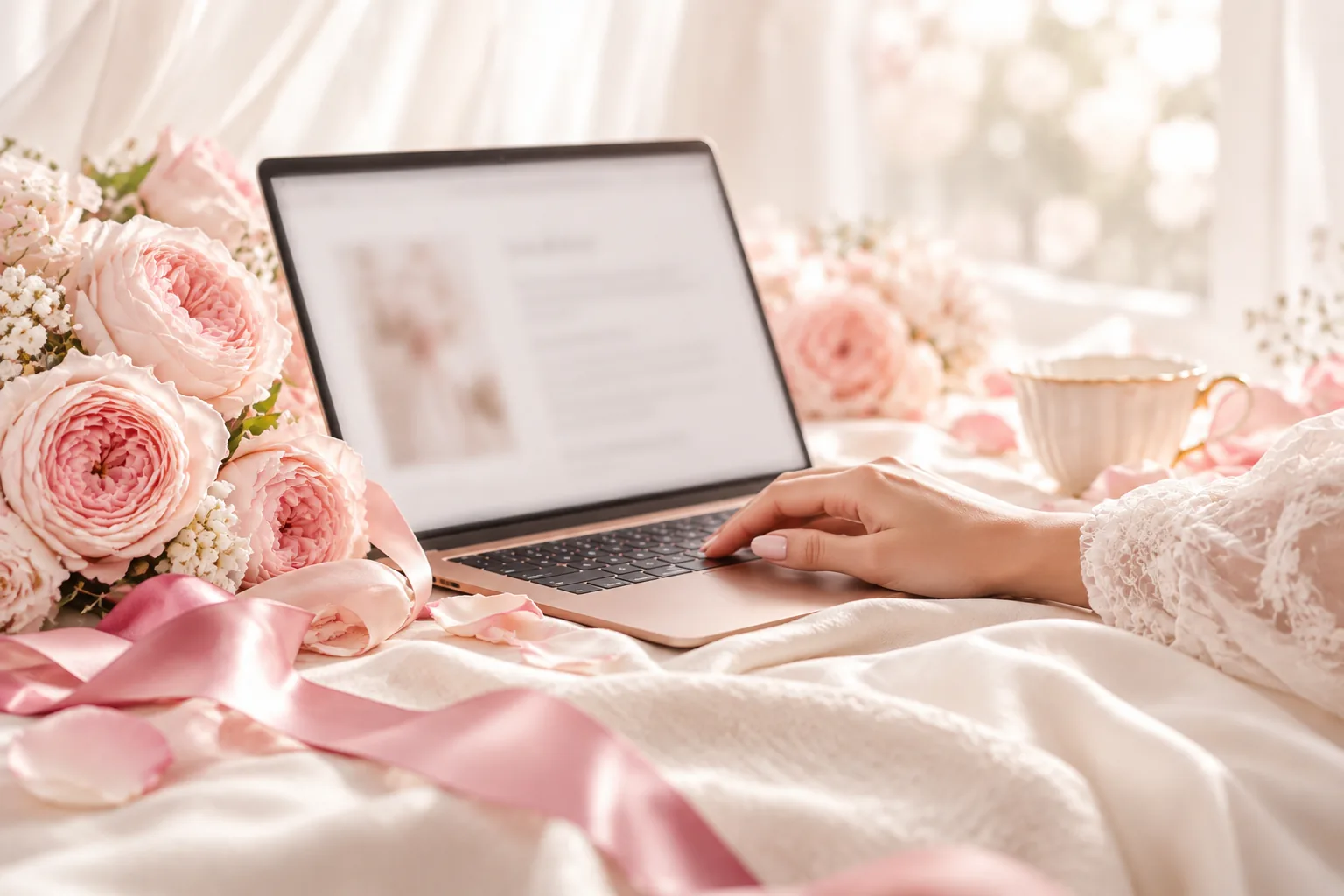 Hand resting on a laptop beside roses and ribbon