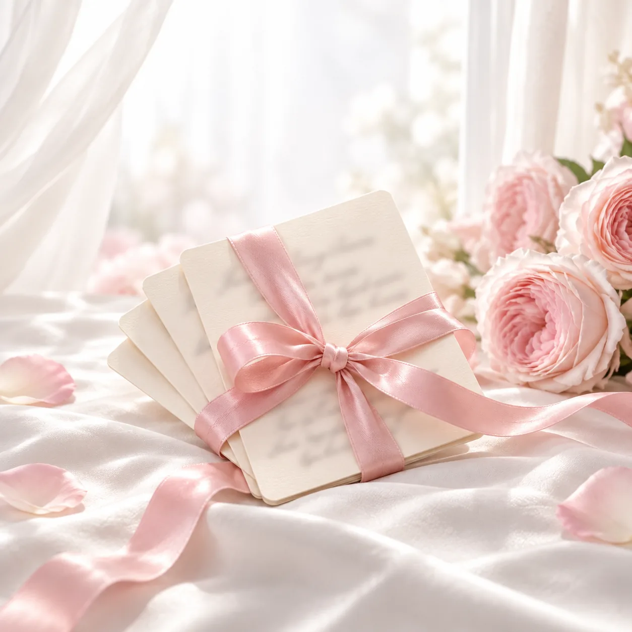 Cream cards tied with pink satin ribbon