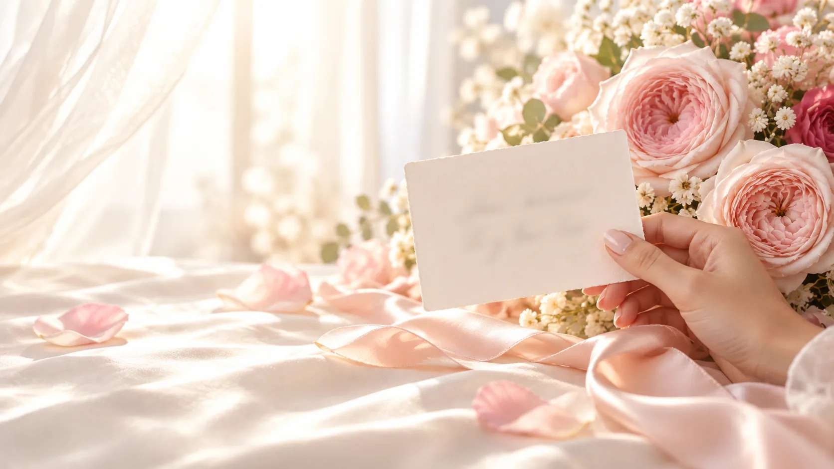 Hand holding a cream card beside a blush bouquet