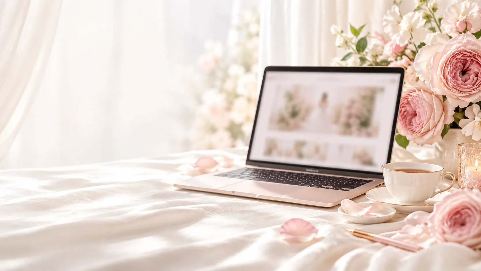 Laptop, tea and roses on a cream desk